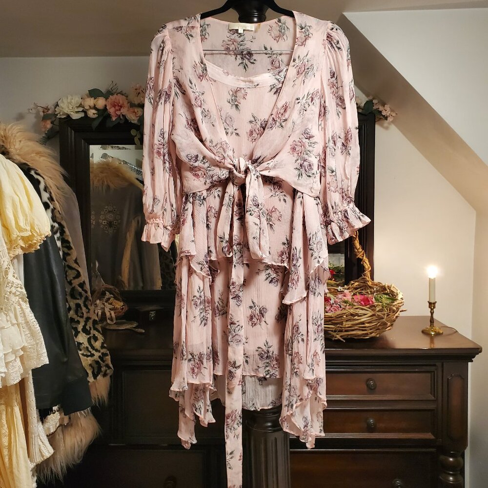 LoveShackFancy Silk Wrap top and Alex skirt in Pink Canopy S/M